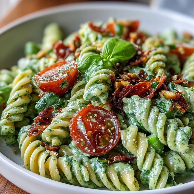 Flavorful Green Goddess Pasta Salad tossed in a homemade avocado dressing, perfect for picnics and light meals.