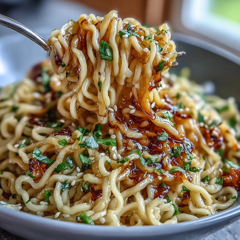 Creamy garlic butter ramen served hot, with silky noodles coated in sweet-salty sauce and garnished with egg and herbs.