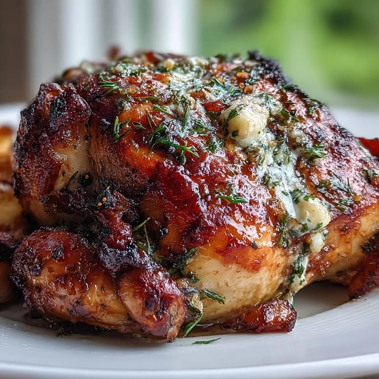 Herb butter roast chicken basted to golden perfection, infused with parsley, rosemary, and preserved lemon for a succulent, aromatic centerpiece.