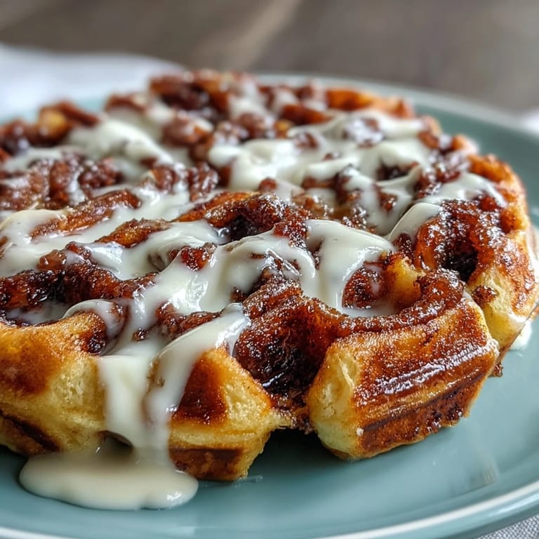 Golden cinnamon roll waffles drizzled with rich vanilla cream cheese glaze, perfect for a cozy, indulgent brunch or weekend morning.