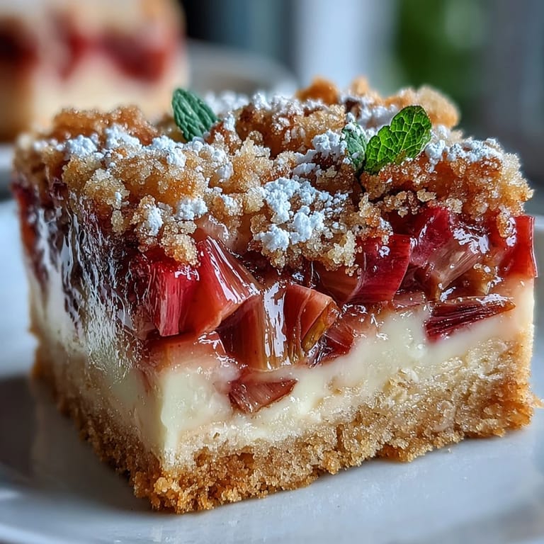 Slice into these Rhubarb Custard Bars to reveal vibrant pink rhubarb nestled in silky vanilla custard on a crisp base.