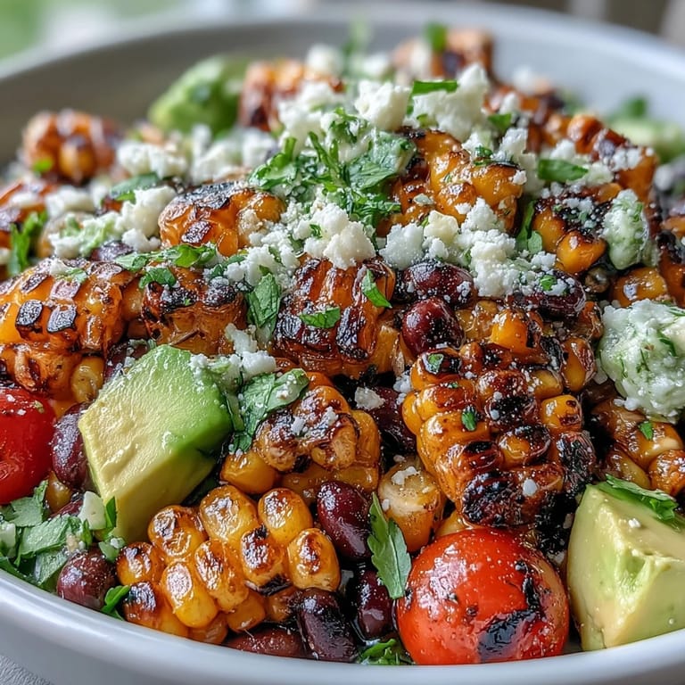 Vibrant grilled corn and black bean taco salad with fresh avocado, cherry tomatoes, and zesty lime dressing in a colorful bowl.  