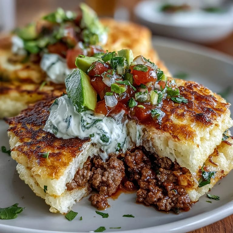 Savory ground beef taco meat nestled in delicate cloud bread shells, garnished with zesty pico de gallo for a gluten-free twist.  