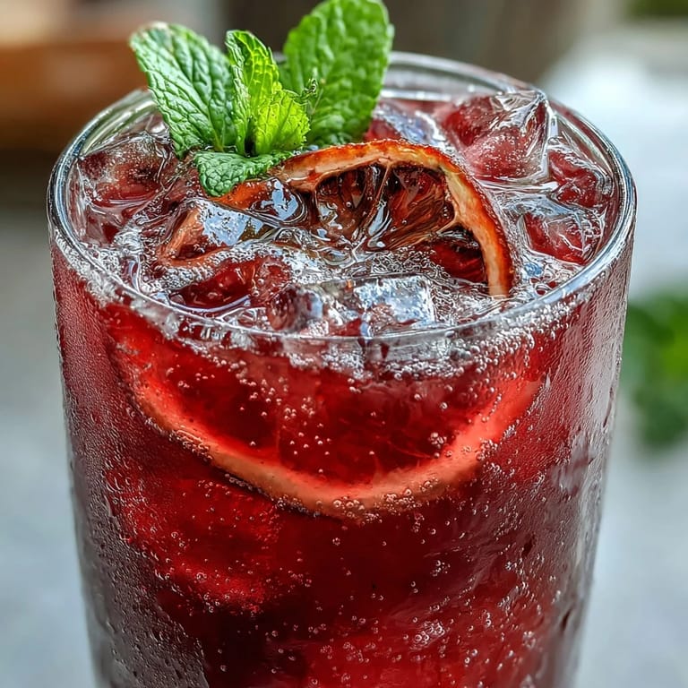 Bright and bubbly hibiscus mint lemonade served over ice with lemon slices, offering a tangy and floral non-alcoholic refreshment.