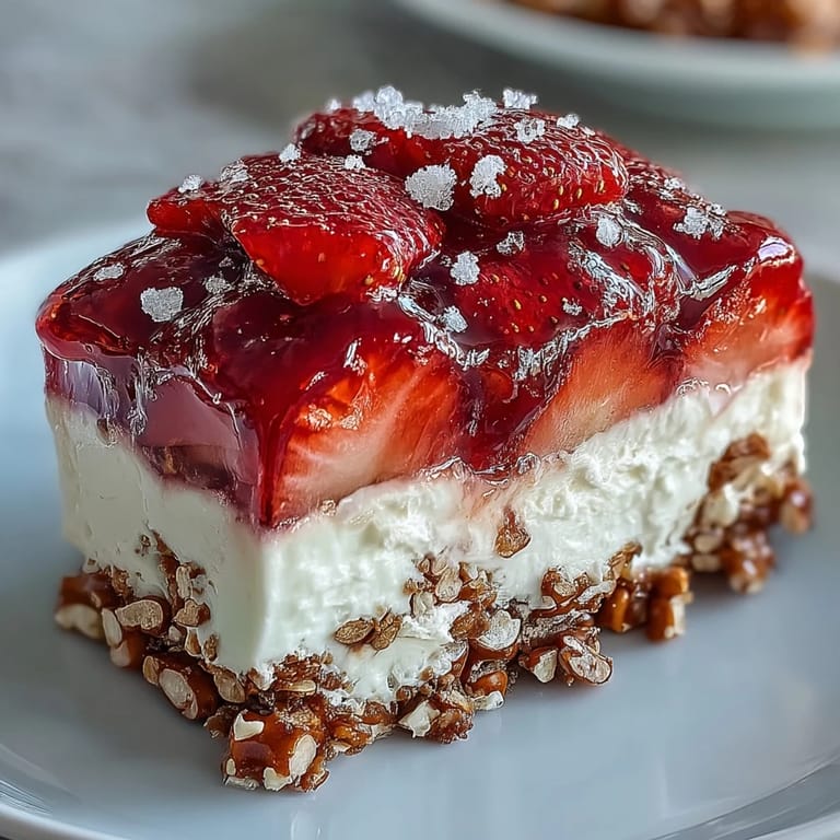 Layered strawberry pretzel dessert in a glass dish, showcasing the crunchy crust, fluffy cream cheese, and bright red strawberry gelatin.