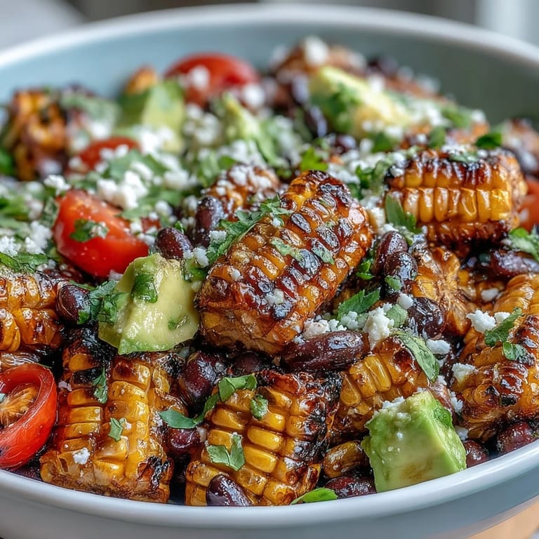 Hearty vegetarian taco salad featuring smoky grilled corn, black beans, crisp lettuce, and creamy avocado topped with crunchy tortilla chips.  