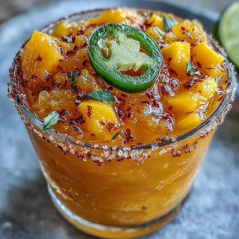 Spicy sweet Fricy Spicy Mango Margarita Slushie shimmering, garnished with a lime wedge.