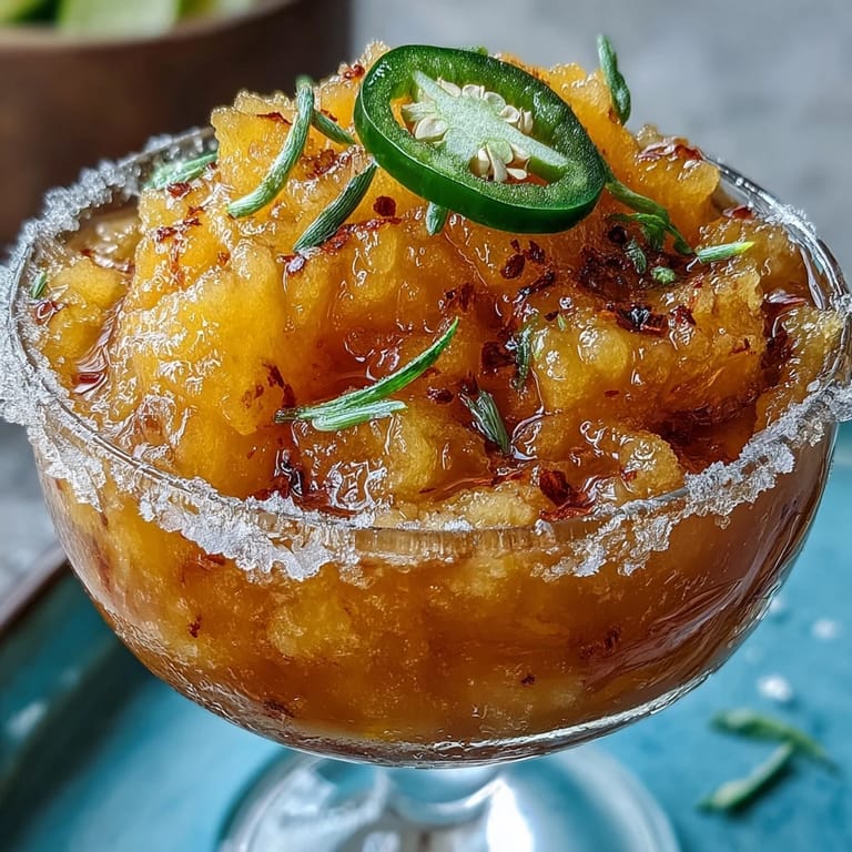 Refreshing icy Fricy Spicy Mango Margarita Slushie, ideal for a sunny afternoon treat.