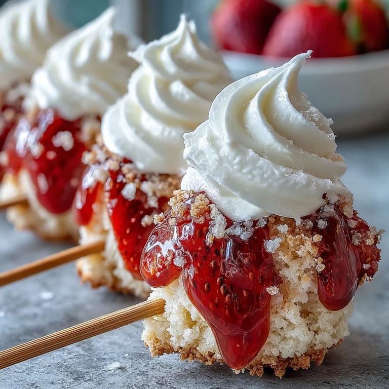 Easy mini strawberry shortcake bites on skewers, perfect for a sweet party treat.