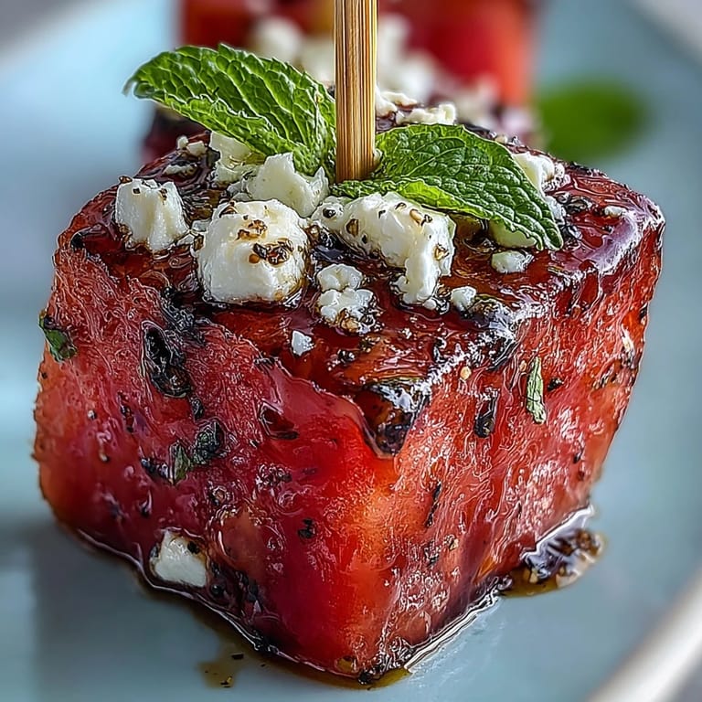 Colorful watermelon feta bites appetizer, perfectly skewered for a refreshing summer party treat.