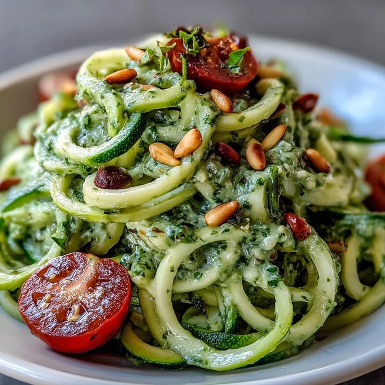 Creamy Avocado Pesto coats tender zucchini noodles, perfect for a quick, light weeknight dinner.