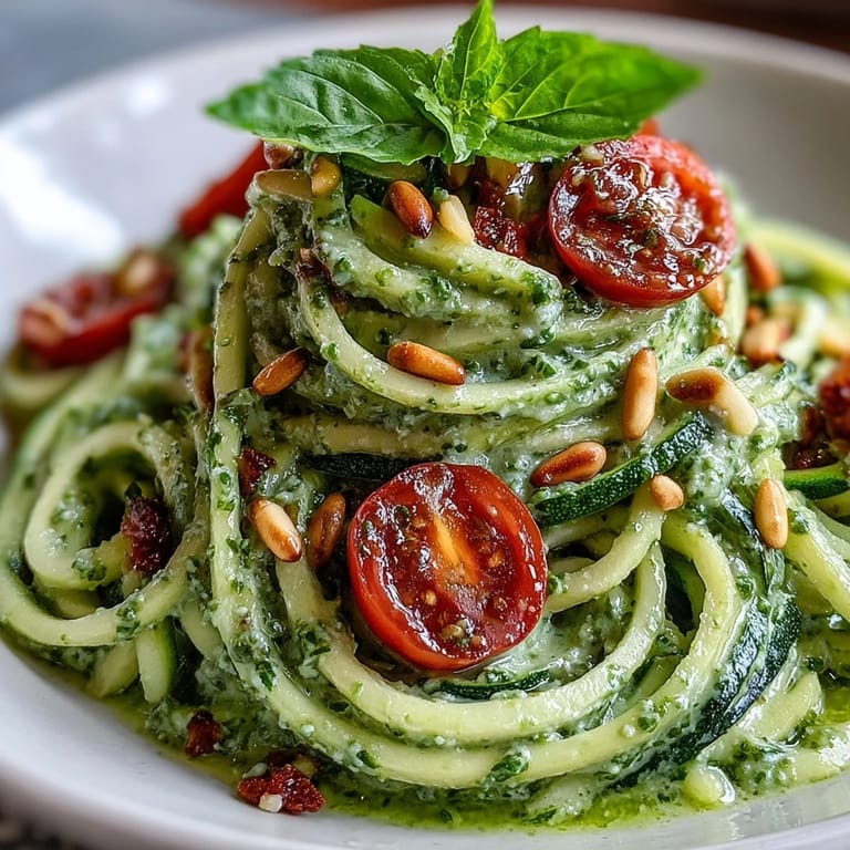 Spiralized Zucchini Noodles with rich Avocado Pesto, a delicious gluten-free and low-carb alternative.