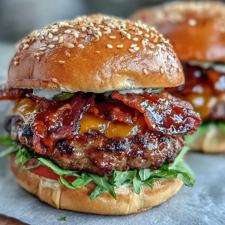 Perfectly grilled Father's Day bacon burger sliders, piled high with juicy fixings.