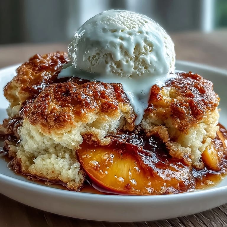 Fruity peach cobbler with fluffy biscuits, a perfect Southern comfort dessert.