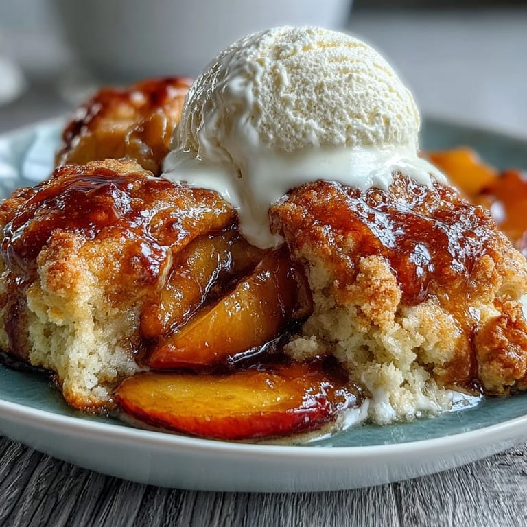 A close-up of delicious peach cobbler, showing tender fruit and baked topping.