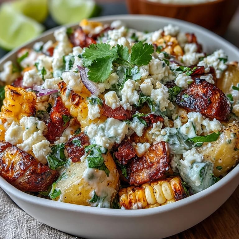 Vibrant Elote Potato Salad, a zesty Mexican-inspired side dish with peppers.