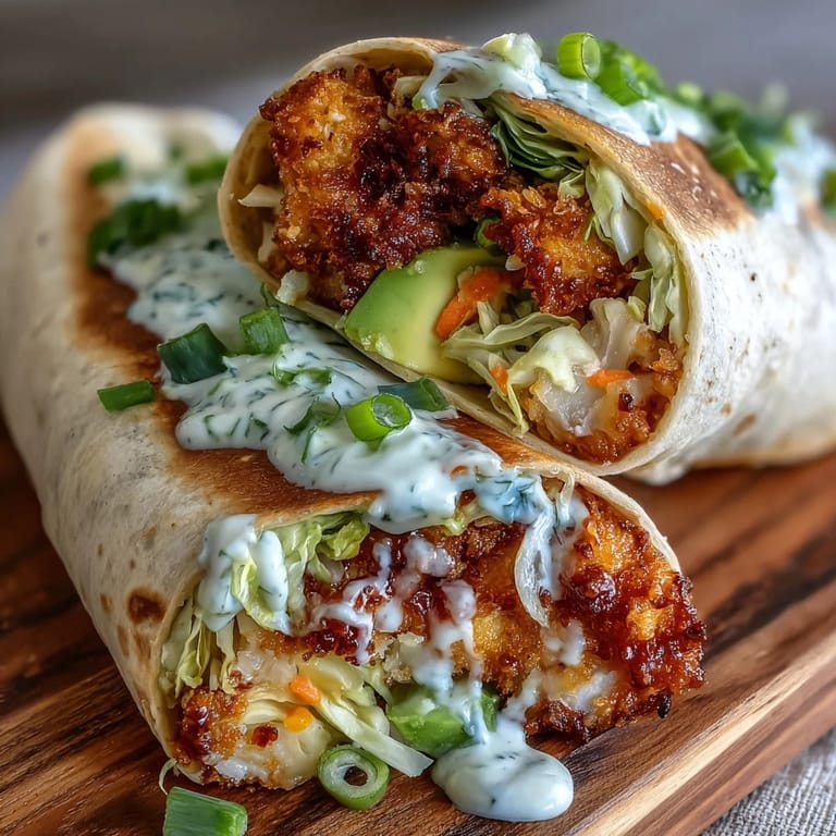 Spicy, handheld Crispy Cabbage Buffalo Wraps with visible crunchy cabbage and cool ranch.