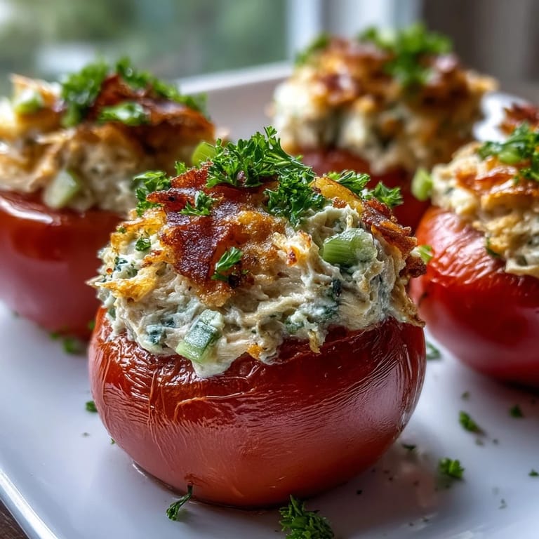 Comforting tuna melt stuffed tomatoes with melted cheddar, a perfect lunch.