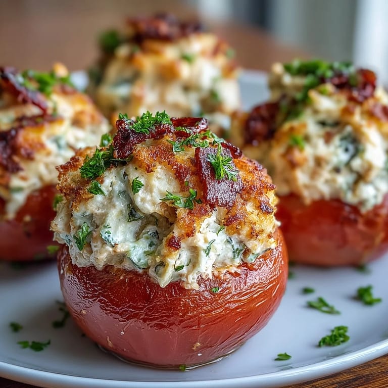 Close-up of creamy tuna melt stuffed tomatoes with a cheesy golden crust.