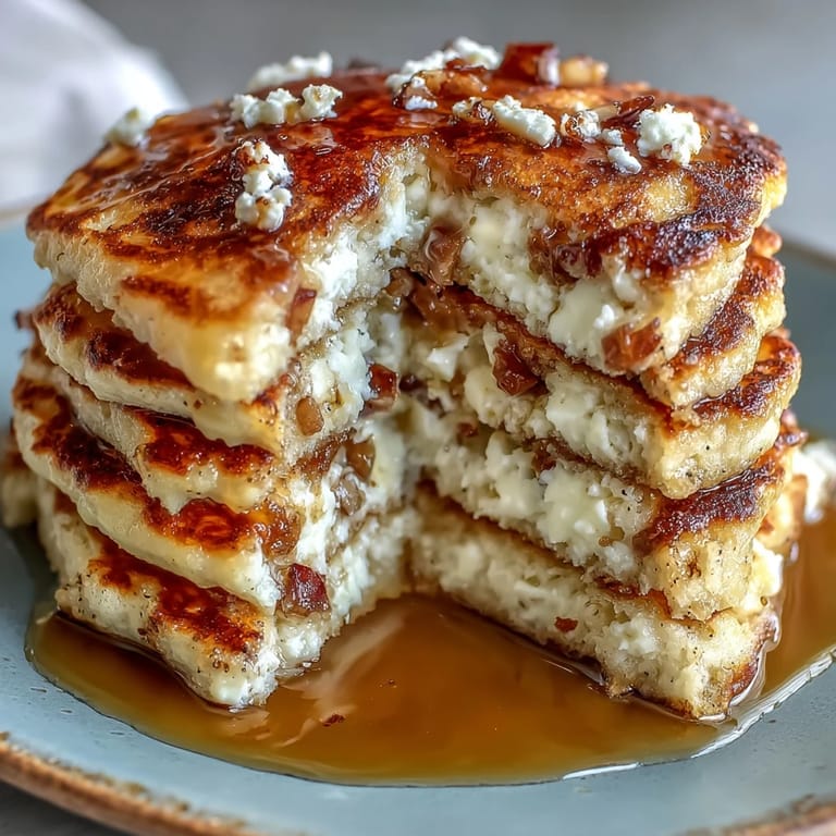 Warm Apple Cinnamon Cottage Cheese Pancakes served with a drizzle of maple syrup.