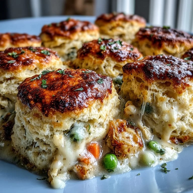 Creamy chicken pot pie casserole topped with fluffy, baked biscuits.
