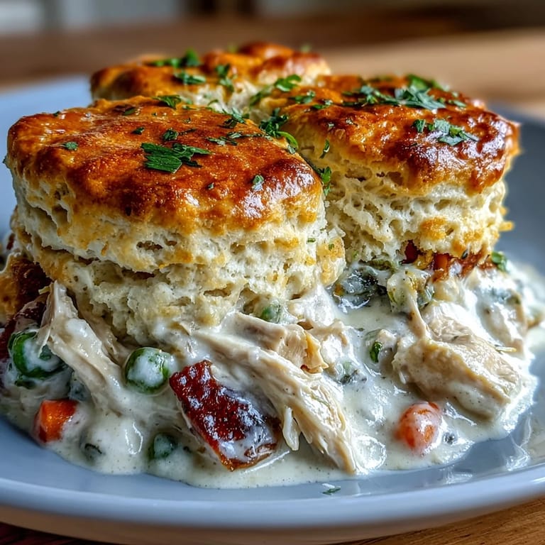 Hearty chicken pot pie biscuit casserole, a comforting American dinner dish.