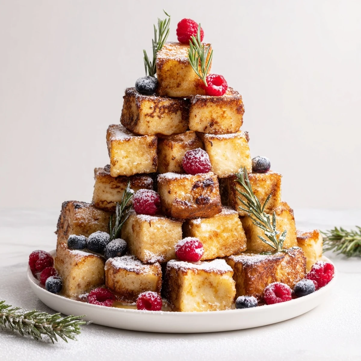 Golden-brown Eggnog French Toast Bites beautifully arranged as a festive Christmas tree, ready to enjoy.