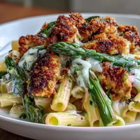 Plated Crispy Parmesan Asparagus Chicken Pasta with creamy lemon sauce and golden-topped asparagus spears.
