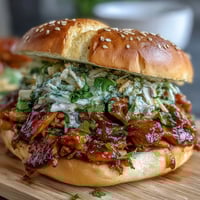 Korean Turkey Sloppy Joe Sliders with sweet and spicy turkey filling, piled high on soft buns, topped with crunchy cabbage slaw.  