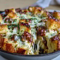 Cheesy garlic bread cubes layered with rich meat sauce and gooey mozzarella in a skillet.