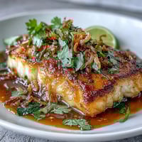 A golden, pan-seared fish fillet drizzled with a zesty chilli-lime sauce and sprinkled with fresh cilantro and crispy shallots.