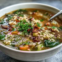 Warm Winter-to-Spring Vegetable Soup with Barley, featuring tender root vegetables and hearty barley in a fragrant broth.  