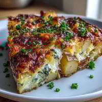 Golden-baked spring onion and potato frittata topped with melted cheddar, perfect for a hearty brunch or light dinner.  