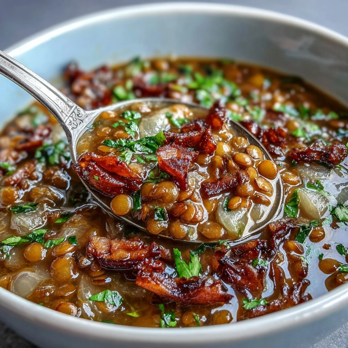 A steaming bowl of one-pot ham, onion, and lentil stew with tender lentils, smoky ham, and aromatic vegetables.