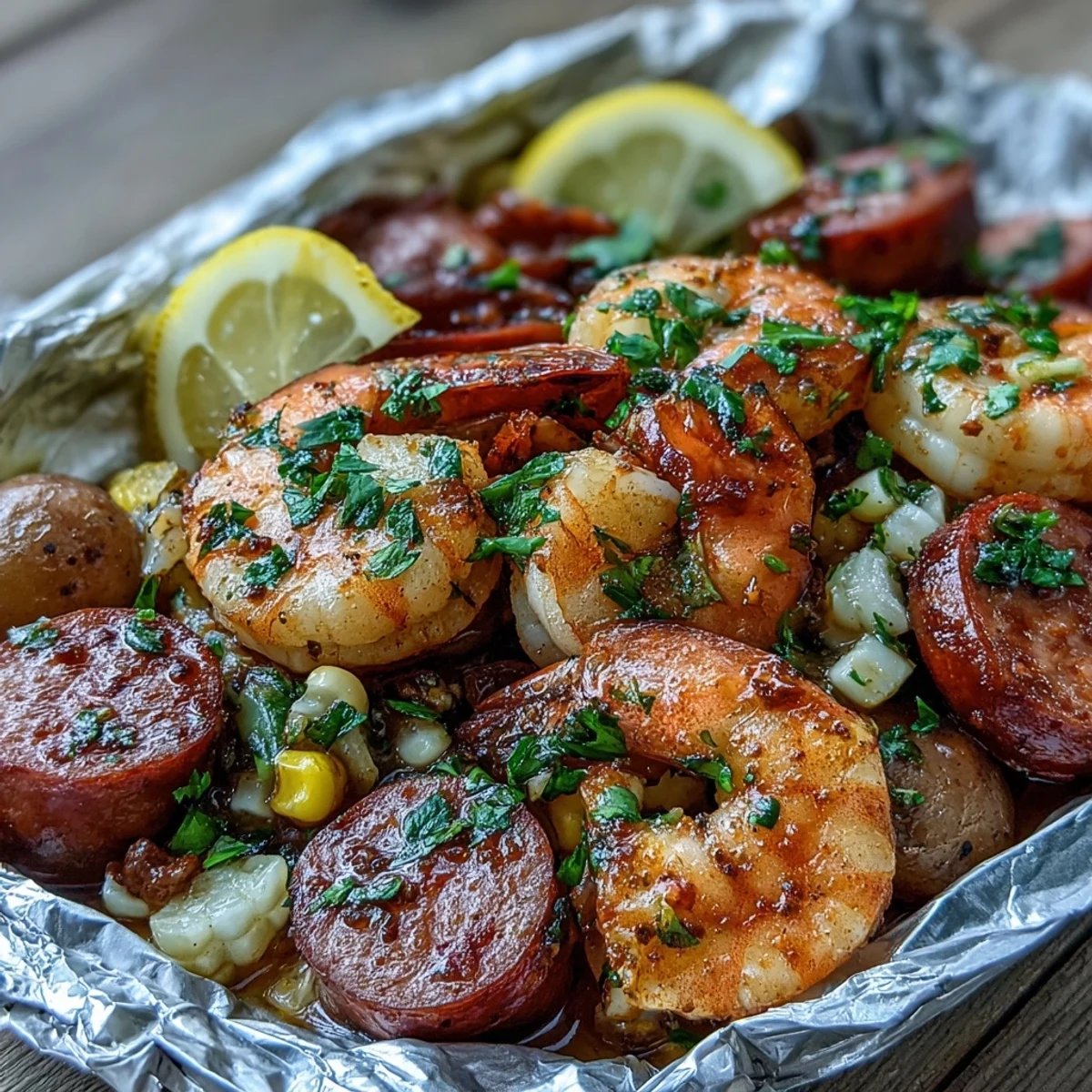 Onion Boil Shrimp and Sausage Foil Packets bursting with juicy shrimp, smoky sausage, and tender potatoes, seasoned with zesty Cajun spices and roasted to perfection.