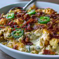 Creamy Keto Jalapeño Popper Chicken Casserole with cauliflower rice, bacon, and melted cheddar, baked until bubbly and golden.