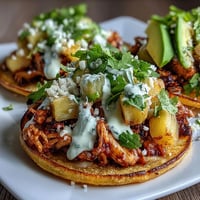 Crispy tostadas layered with juicy chicken, vibrant pineapple salsa, and zesty lime crema for a refreshing meal.