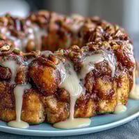 King Cake Pull-Apart Monkey Bread with Cream Cheese Icing, golden cinnamon dough balls layered with brown sugar and pecans, drizzled with rich cream cheese icing and festive purple, green, and gold sugars.