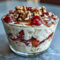 Strawberry Banana Bread Overnight Oats with Walnuts, a creamy and wholesome breakfast featuring juicy strawberries, ripe banana, and crunchy walnuts.