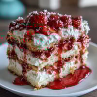 A classic strawberry shortcake with tender biscuit layers filled with juicy macerated strawberries and fluffy whipped cream.  