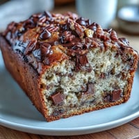 A golden slice of chocolate chip protein banana bread, moist and fragrant with ripe bananas and dark chocolate.