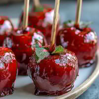 Adorable mini candy apples on sticks with glossy red candy coating, perfect for kids' parties and festive treats.