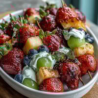 Vibrant St. Patricks Day Rainbow Fruit Kabobs with Yogurt Dip arranged on a platter with creamy honey-lime dip.