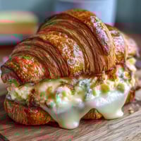 Golden, flaky butter croissants stuffed with creamy scrambled eggs and melted cheddar cheese, perfect for a quick and satisfying breakfast.