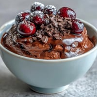 Velvety cottage cheese chocolate mousse cups topped with vibrant fresh berries and a sprinkle of dark chocolate shavings.  