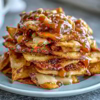 Candy Apple Nachos with Caramel Drizzle and Chocolate Chips: Crisp apple slices layered with gooey caramel and melted chocolate for a fun, shareable dessert.