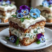 Delicate Spring Cake with Pressed Edible Flowers, layered with fluffy vanilla sponge and whipped cream, adorned with colorful pressed flowers.