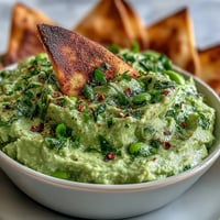 Creamy edamame guacamole with ripe avocado, fresh cilantro, and jalapeño, served alongside crisp, golden pita chips for dipping.