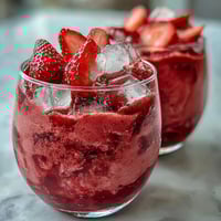 Vibrant pink drink with fresh strawberry slices floating in creamy coconut milk and açaí blend, served over ice in a tall glass.