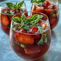 Refreshing strawberry basil sangria mocktail with citrus slices and fresh herbs in a glass pitcher.